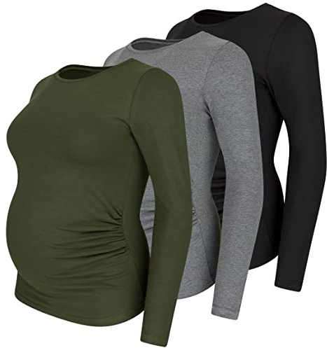 M.M.C. Umstandsshirt Langarm Damen 3er Pack – Umstandsmode Basic, unifarben, mitwachsende Raffung, 95% Baumwolle, S bis XL (Schwarz, Dunkelgrau, Khaki, L)