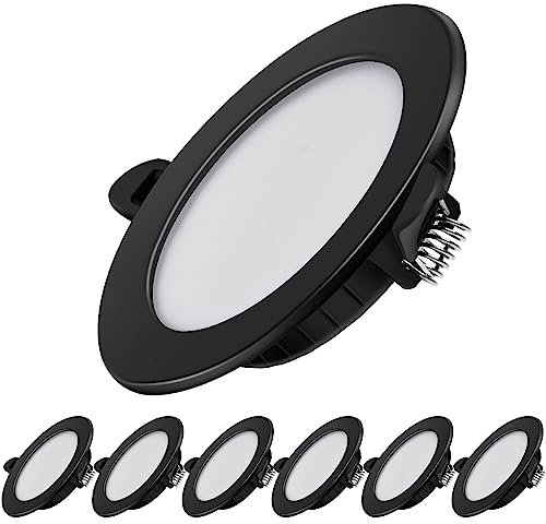 Dexnump Spot encastrable LED ultra plat 230V - Lot de 6 spots encastrables 7W Spots de plafond énergétique Spots encastrables IP44 pour salle de bain cuisine salon (Noir,4500K)