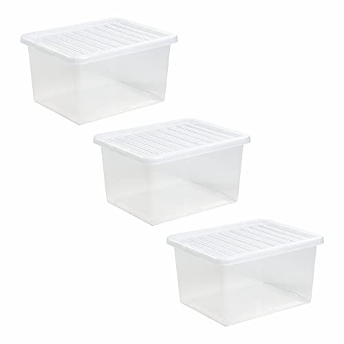 M1SS (Set of 3-37L Litre Clear Plastic Storage Box With Crystal Lids Home Office Stackable Nestable Container Made in U.K