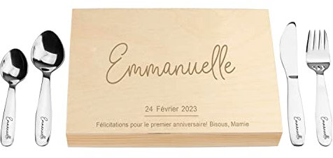 LAUBLUST Couverts pour Enfants gravés avec boîte - Cadeau personnalisée en Bois - Naturel - 4 pièces - Couverts de Table en Acier Inoxydable - Cadeau personnalisé (Sarre)