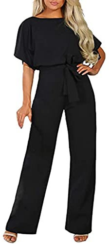 Sweezarmo Damen Elegante Halbe Ärmel Laterne Ärmel Jumpsuit Mit Gürtel Weites Bein Hose Jumpsuit L Große Schwarz