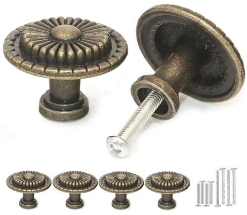 Misuyue Vintage Cabinet Knobs - 4pc Aluminum Alloy Flower Pattern Round Drawer & Door Knobs, 30mm for Cupboards & Kitchen Furniture