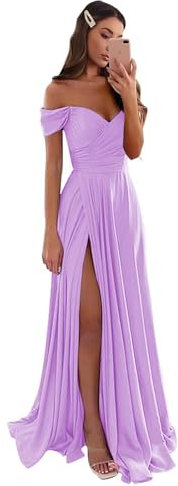 GODCUN Robes de demoiselle d'honneur à épaules dénudées pour mariage, robes de soirée formelles en satin avec fente, lilas, 42