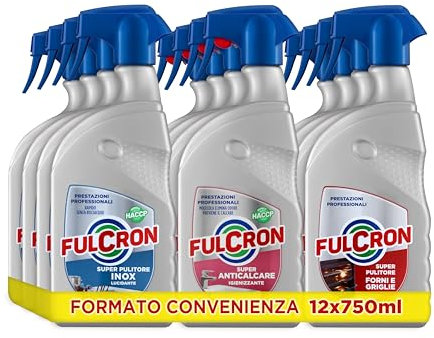 FULCRON Mix Formato Convenienza, Super Pulitore Inox Lucidante, Super Anticalcare Igienizzante, Super Pulitore Forni e Griglie, 12x750ml