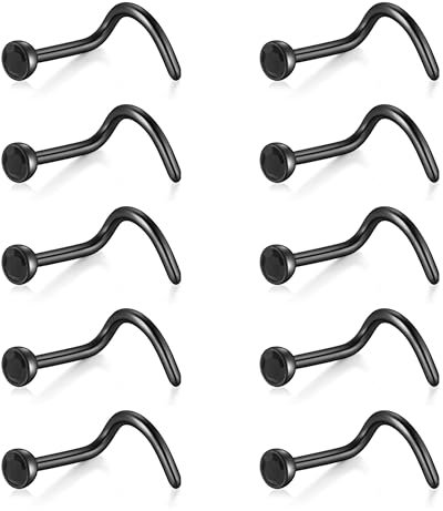 Decentraland 10 Stück Schwarz-Schwarz (S-förmiger Nasenring) Nasenstecker aus Chirurgenstahl/Titan für Damen-Nasenloch-Piercing-Schmuck, 20 g