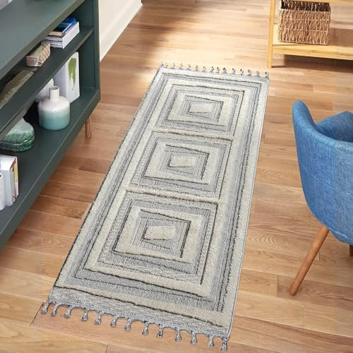 carpet city Teppich Läufer Boho Flur - Graublau, Creme - 80x300 cm - Bordüre - Relief-Optik, 3D-Effekt - Cut-&Loop, Sisal - Moderne Fransen-Teppiche Schlafzimmer