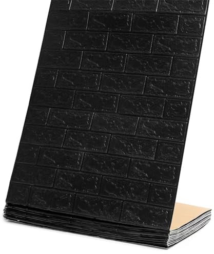 Panneaux muraux autocollants 3D, 10M Pliage Continu Papier Peint Aspect Pierre Brique, Carreaux Muraux Étanches à Décoller et Coller pour Chambre Salle de Bain Cuisine (Noir)