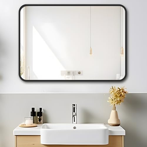 MIQU Espejos de baño con marco de metal negro para lavabo sobre fregadero, espejo rectangular grande mate de 36 x 28 pulgadas, decoración moderna para baño, casa de campo horizontal o verticalmente