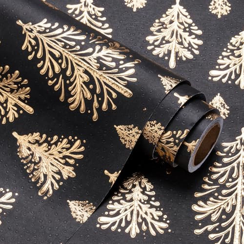 RUSPEPA Rotolo Di Carta Da Regalo Natalizia Kraft 3D - Mini Rotolo - 43,2 Cm X 5 M - Design Albero Di Natale Oro E Nero Con Rilievo Perfetto Per Vacanze, Feste