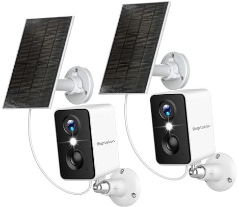 Septekon 2K Security Camera Outdoor Wireless,Flood Light WiFi Battery Camera with Solar Panel,PIR Human Detection with 3MP Color Night Vision, 2-Way Talk, IP66 Waterproof-White,2Pack