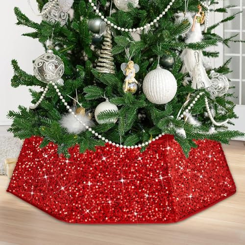 Jupe de Sapin de Noël, Paillettes Cache Pied de Sapin Ø65 cm Couvre-Pied De Sapi Noël Pliable Cache Sapin pour Décoration Pied De Sapin De Noel (Rouge)