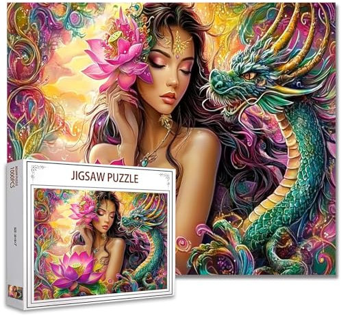 Beauty and Green Dragon Jigsaw Puzzle,Lotus Flower Fairy 1000 Pieces Jigsaw Puzzles for Adults,27 x 20 Inches Puzzles for Families,HD Quality Beautiful Woman with Dragon Puzzle Decor