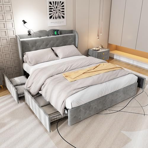 BTM Upholstered Double Bed Frame with 4 Drawers, Lamp and 4 USB Ports, Velvet, Grey (No Mattress), 4FT6-135x190cm