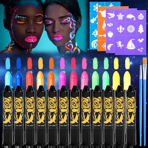 UZSUZZ Peinture Fluorescents UV, 12 Crayons Kit De Peinture UV Néon Pour Le Visage Et Le Corps, Lavables Non Toxiques Peinture pour le Visage, pour Halloween, Noël, Carnaval, Soirées à Thème