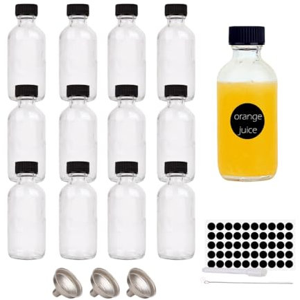 TOHADRILL 12 Pièces Mini Bouteilles en Verre de 60ml, Petite Bouteille en Verre Couvercle, Mini Bouteille avec Entonnoir en Acier Inoxydable, Applicable à Jus, Eau, Smoothies, Lait Thé