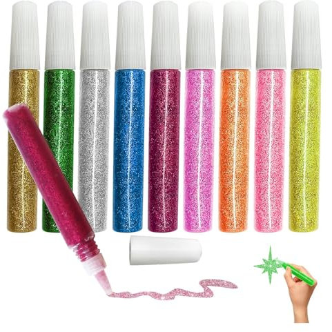 Lot de 10 tubes de colle à paillettes lavables - 10 ml - Différentes couleurs - Stylo de colle à paillettes sûr et non toxique - Colle pailletée avec pointe fine - Pour le scrapbooking des enfants