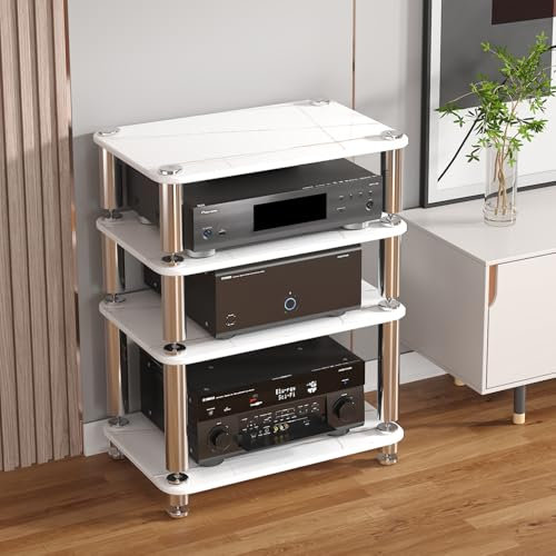 Hifi rack,plattenspieler regal,stereo-schrank,hifi regal,rack hifi regal audio schrank,av-medienständer, offenes stereo-schrank,audio rack hifi regal für ecke,Verstärker-Rack-Regal(White,4-layer)
