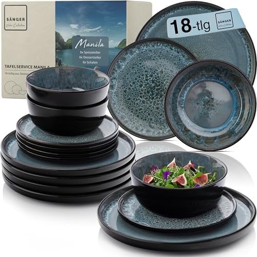 SÄNGER Manila | Steingut Geschirr Set 18 tlg, Teller Set 6 Personen, Geschirrset 6x Speiseteller 6x Müslischalen 6x Dessertteller, Tafelservice blau mit schwarzem Rand kratzfest | VALUE COLLECTION