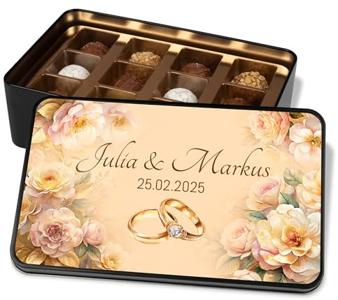 True Statements Pralinendose personalisiert Hochzeit – Geschenk für Brautpaar, Schokolade, 12 Pralinen, Retro-Design Goldring
