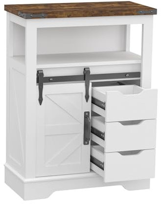 3 Drawers Bathroom Cabinet, Farmhouse Storage Floor Pantry Cabinet with Sliding Barn Door for Kitchen, Laundry, Bathroom, Living Room (White)