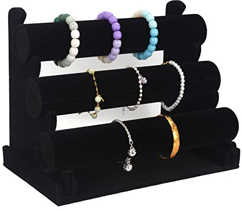 Cecijelry Rotella porta bracciali in velluto per display braccialetti con organizer staccabile per orologi (nero)