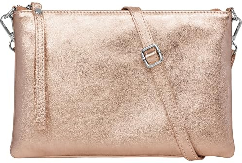 Caspar XL Clutch Echt Leder Damen Umhängetasche große Abendtasche mit abnehmbarem Gurt & Handschlaufe - CLASSIC LINE - Modell No.843 - Made in Italy, Farbe:roségold metallic