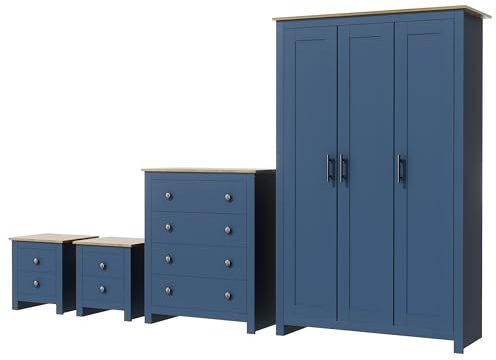 Nera 4 Piece Bedroom Furniture Set 3 Door Wardrobe Set Chest of Drawers and Bedside Cabinet Bedroom Storage (Navy on Oak)