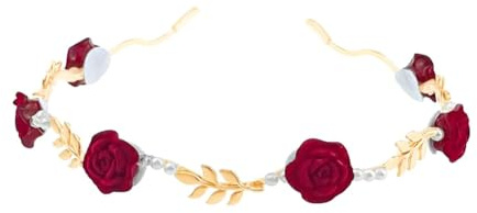Red Rose Pearl Headband Floral Wedding Headpiece with Gold Leaves Princess Flower Crown Hair Accessories Brides Bridesmaids Hair Jewelry for Women Ladies