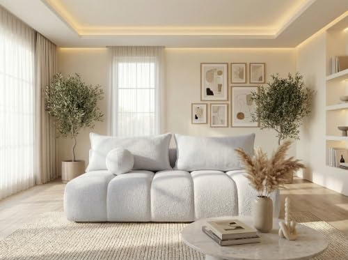 WFL GROUP Schlafsofa mit Bettkasten – 3-Sitzer Sofa Couch mit Schlaffunktion, Bettfunktion – Skandinavische Polstercouch im modernen Design – Weicher Bouclé, Bouclestoff – Creme Weiß