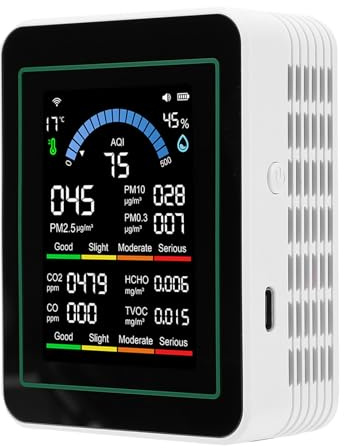 Gugxiom Luftqualitätsmonitor Tuya WiFi 10 In 1 CO2 CO TVOC HCHO PM2,5 PM10 PM0,3, CO2-Monitor mit Luftqualitätsindex, Temperatur und Luftfeuchtigkeit für den Innenbereich Im Home