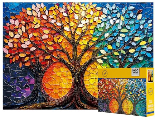 Jigsaw Puzzles for Adults 1000 Pieces, Stained Glass Tree of Life with Rainbow Foliage, Vibrant Mosaic Art Jigsaw Puzzle for Nature Lovers, Life Tree for Home Wall Decor