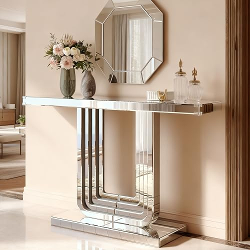 HaoChrymec Table Console Miroir 120CM, MDF avec Surface Miroir, Design Élégant Et Base U Stable, Résistante Aux Rayures, Facile à Nettoyer, pour Salon Ou Entrée, Argent, 120 x 30 x 76 cm