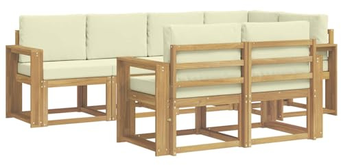vidaXL Outdoor-Sofagarnitur mit Kissen 7 pcs Weiß und Creme Polyester, Stylisches Outdoor-Sofa-Set, Moderne Gartenmöbel, wetterfestes Akazienholz, modulares Sitzen für Terrasse und Lounge