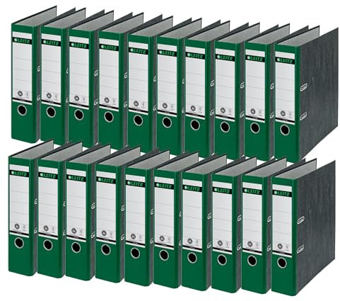 Leitz Qualitäts-Ordner 180°, 20er Pack, A4, 100 Prozent recycelter Karton, 8 cm Rückenbreite, Wolkenmarmor-Papier, Grüner Rücken, 10805055