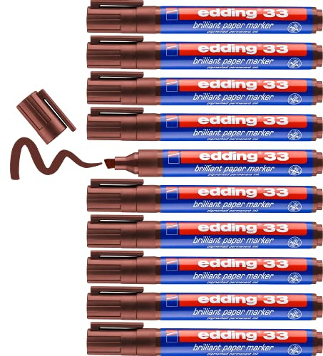 edding 33 brilliant paper marker - brown - 10 waterproof permanent markers - chisel nib 1-5 mm - vibrant colours - lightfast marking on paper, card, cardboard, plastic, metal and glass