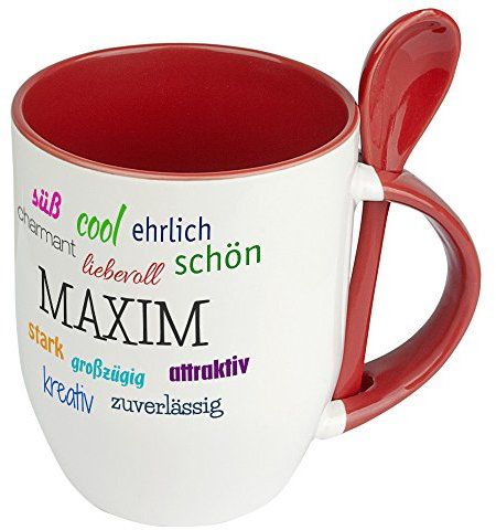 digital print Löffeltasse mit Namen Maxim - Positive Eigenschaften von Maxim - Namenstasse, Kaffeebecher, Mug, Becher, Kaffeetasse - Farbe Rot