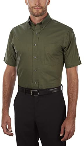 Van Heusen Men's Short Sleeve Dress Shirt Regular Fit Oxford Solid, Dark Green, 14.5-15 Neck