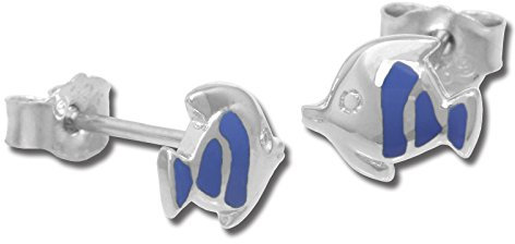 Teenie-Weenie Ohrringe 7mm für Kinder 925 Silber Ohrstecker Fisch blau SDO204B Silber Ohrstecker