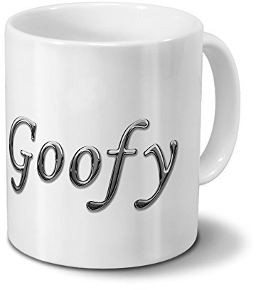 printplanet Tasse mit Namen Goofy - Motiv Chrom-Schriftzug - Namenstasse, Kaffeebecher, Mug, Becher, Kaffeetasse - Farbe Weiß