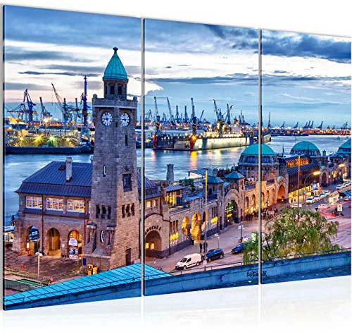 Runa Art Wandbilder Hamburg Bild XXL Wohnzimmer Schlafzimmer Blau Stadt Hafen 120 x 80 cm 3 Teilig 603031a