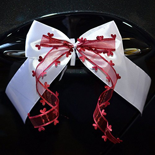 Miya@ 10 hochwertige Handgemacht Weiss Antenneschleifen mit Herzschleifen aus Satin, Auto Schleifen, Hochzeit Deko, Autoschmuck (weinrot)