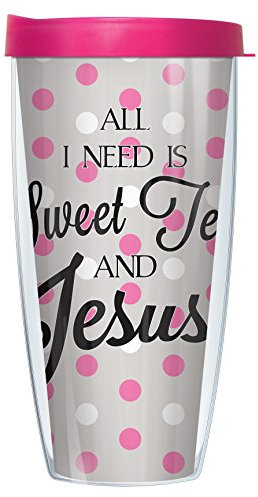 Signature Tumblers Sweet Tea and Jesus Wrap on Gray with Pink and White Polka Dots 22 Ounce Double-Walled Travel Tumbler Mug with Hot Pink Easy Sip Lid