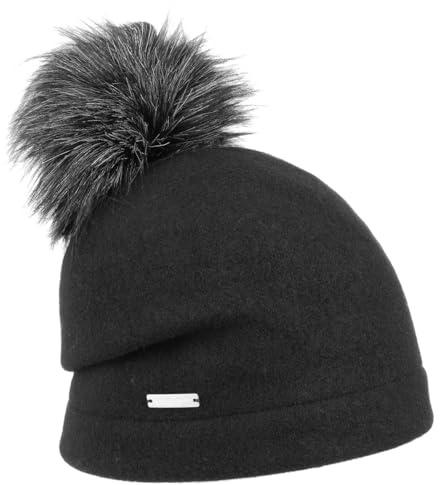 Seeberger Tamisa Pompon Walkmütze mit Bommel Mütze Wintermütze Wollmütze Long Beanie Bommelmütze (One Size - schwarz)
