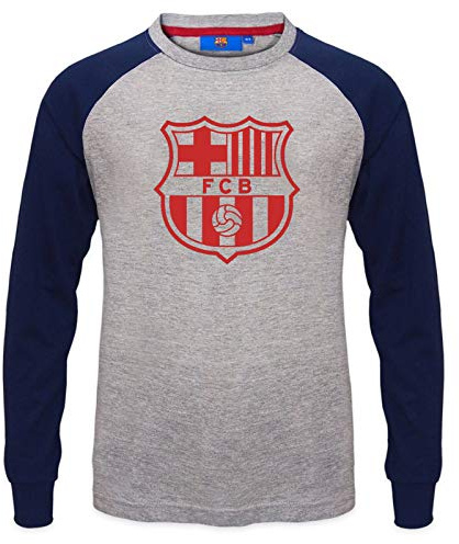 FC Barcelona Boys T-Shirt Long Sleeve Crest Raglan Kids Official Football Gift