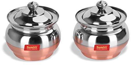 Sumeet Lot de 2 pots à ghee en acier inoxydable + cuivre, capacité 300 ml, diamètre 7,5 cm (chacun)
