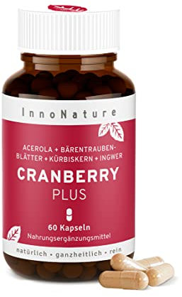Natürliche Cranberry Plus Kapseln. Hochdosierter Komplex aus Cranberry, Acerola (Vitamin C), Bärentraubenblätter, Kürbiskern + Ingwer. Vegan + zertifiziert tiergeschützt hergestellt in DE, 60 Kapseln