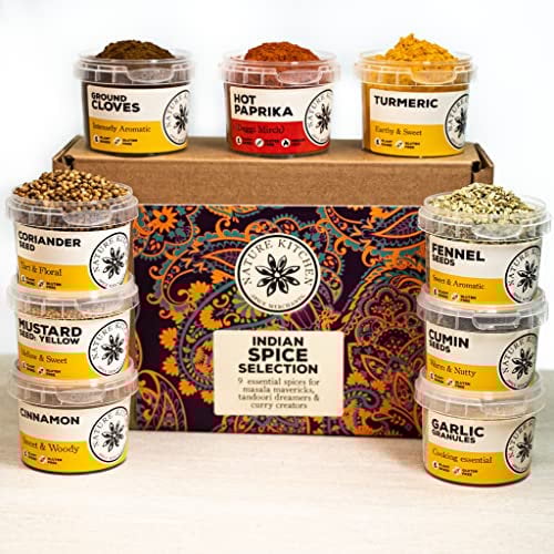 Nature Kitchen Indian Spice Box – 9 Essential Spices in Airtight Jars | Garam Masala, Cumin, Turmeric, Chilli, More | Gift Set for Curry Lovers & Home Cooks