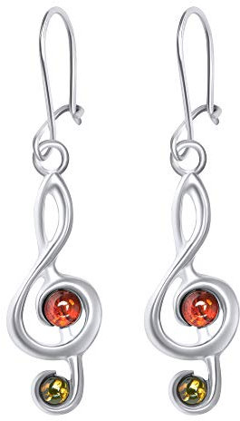 ANDANTE Premium Collection - Echter OSTSEE Bernstein Ohrringe in 925 Sterling Silber ** Violinschlüssel ** Zertifiziert - Gold des MEERES - Farbe COGNAC und GRÜN