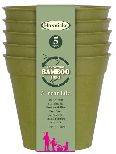 Haxnicks Maceta de Fibra de bambú sostenible para Interiores y Exteriores, 10 cm de diámetro, Verde Salvia | Pot180101, Pack de 5