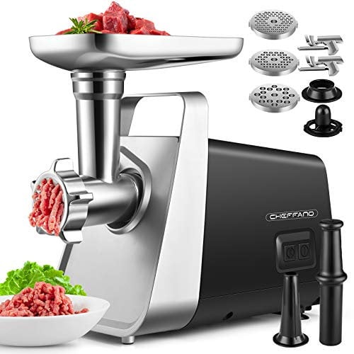 CHEFFANO Picadora de carne eléctrica, 350 W [2000 W máx.] Molino De Carne, picadora de carne con acero inoxidable, 2 cuchillas y 3 platos, fabricante de personal de salchichas y kit de Kubbe para uso